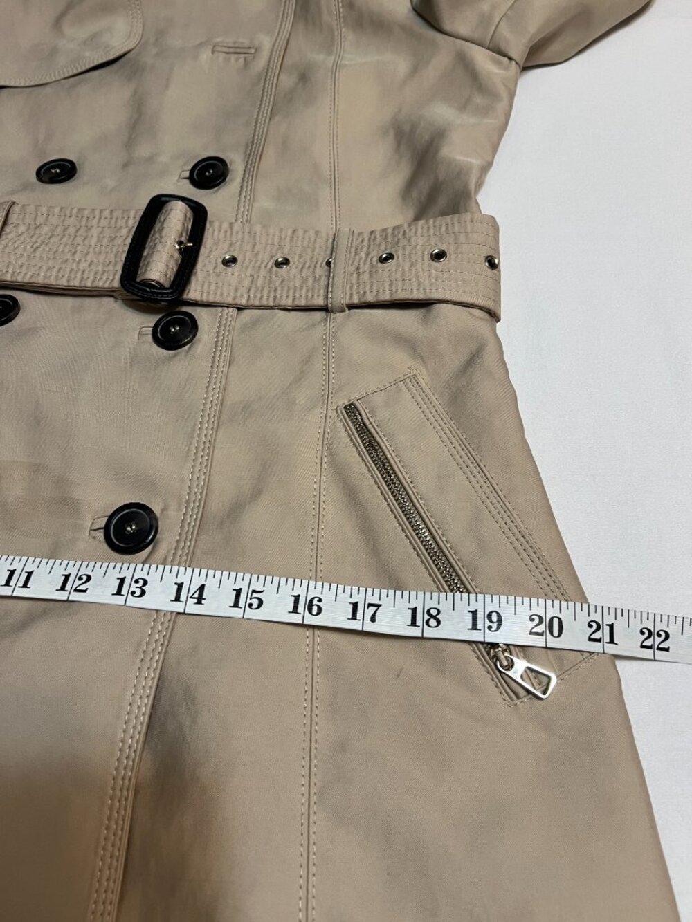 ZARA WOMAN Trench Coat Womens M Beige Belted Double Breasted Jacket Khaki - Picture 8 of 13